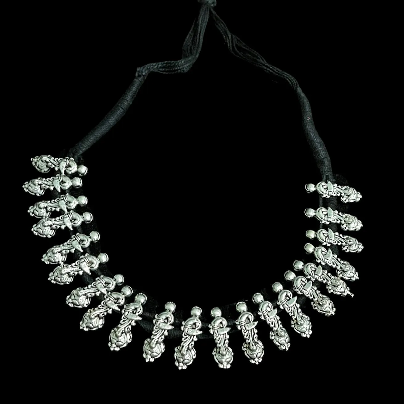 Trendy Oxidized Silver Choker style Necklace with Red Dori