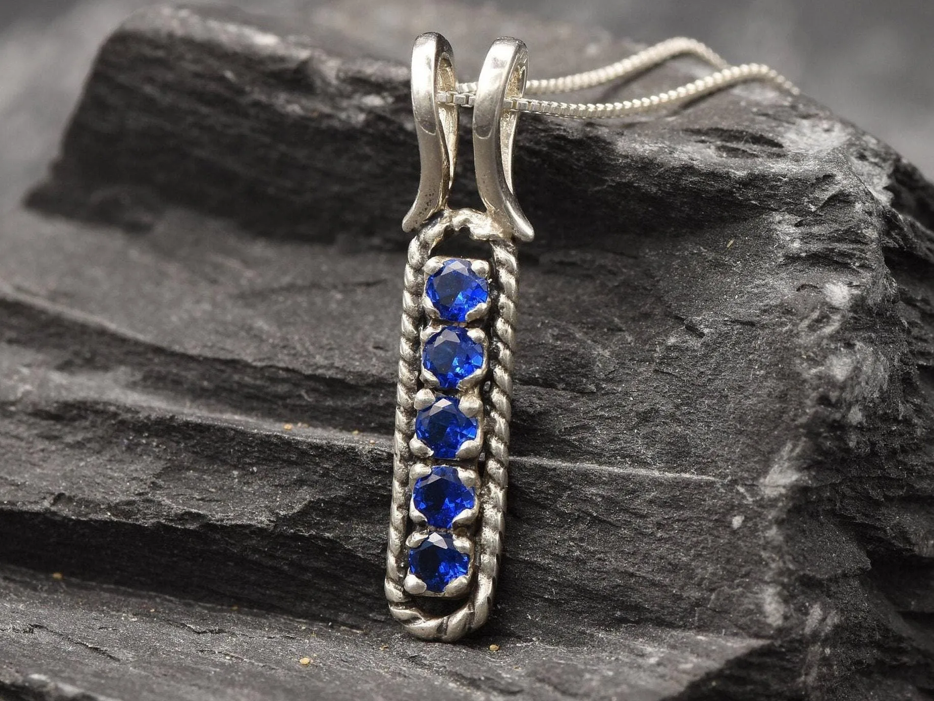 Vertical Sapphire Pendant - Blue Bar Necklace - Dainty Drop Necklace