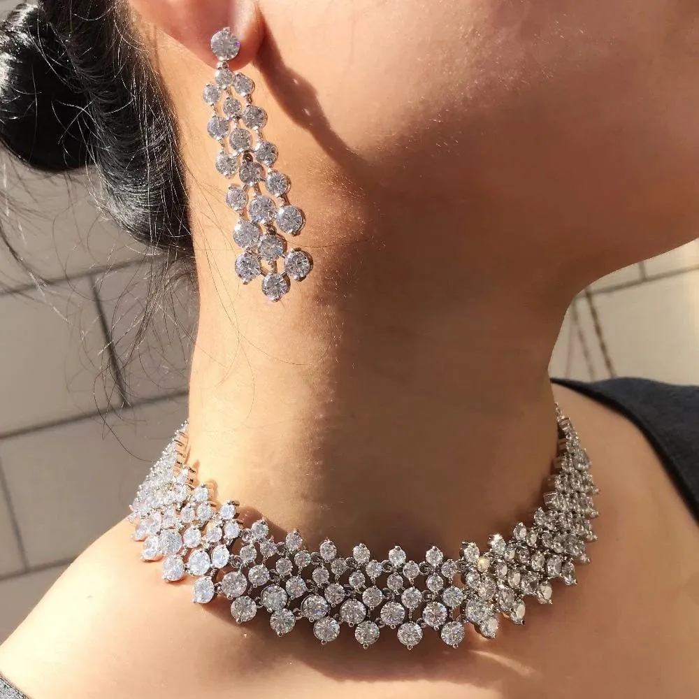 White Stone Cubic Zirconia Micro Pave Wedding Choker With Earrings