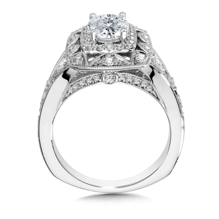 Wide Vintage Double Halo Engagement Ring w/ Oval Center & Diamond Undergallery