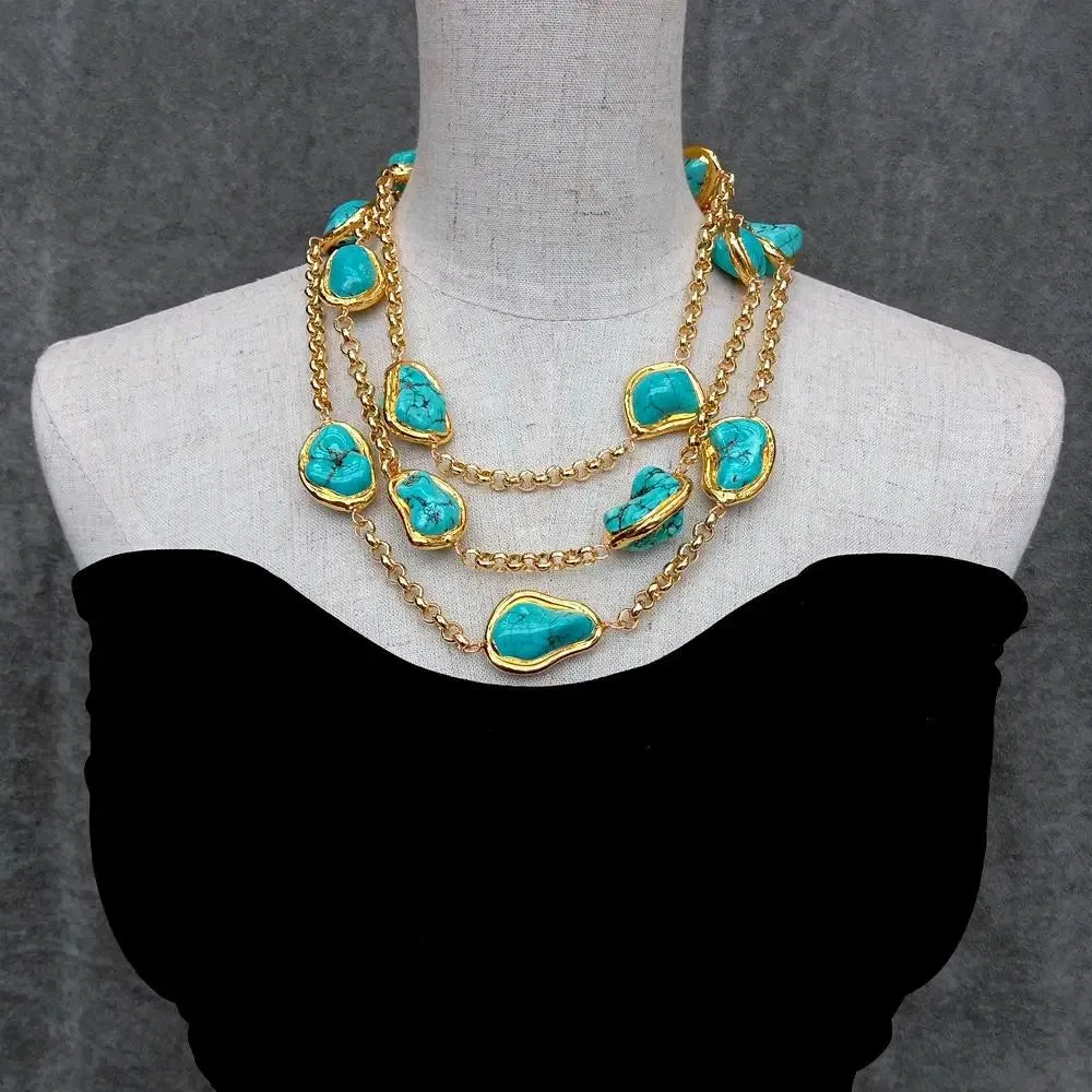 Y.YING 3 Rows Blue Turquoise Freeform Shape Necklace